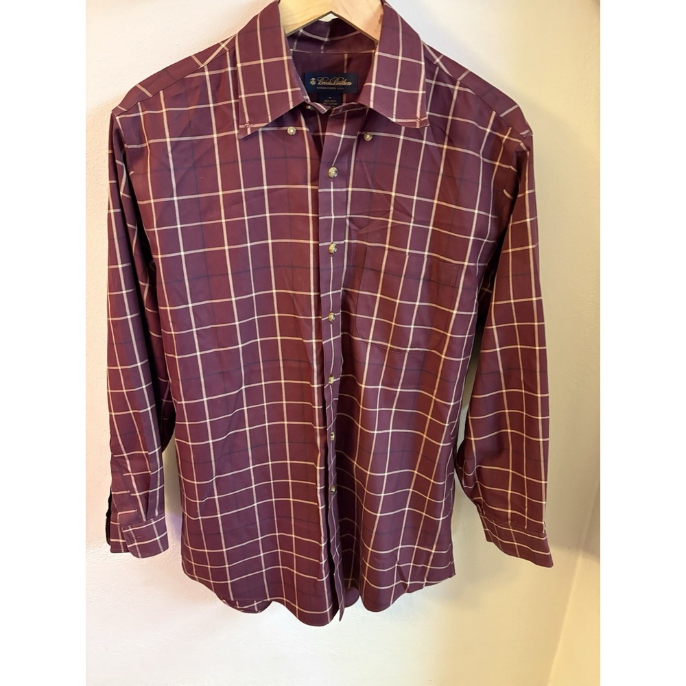 Brooks Brothers Mens M Maroon Check Long Sleeve Button Down Non-Iron Shirt